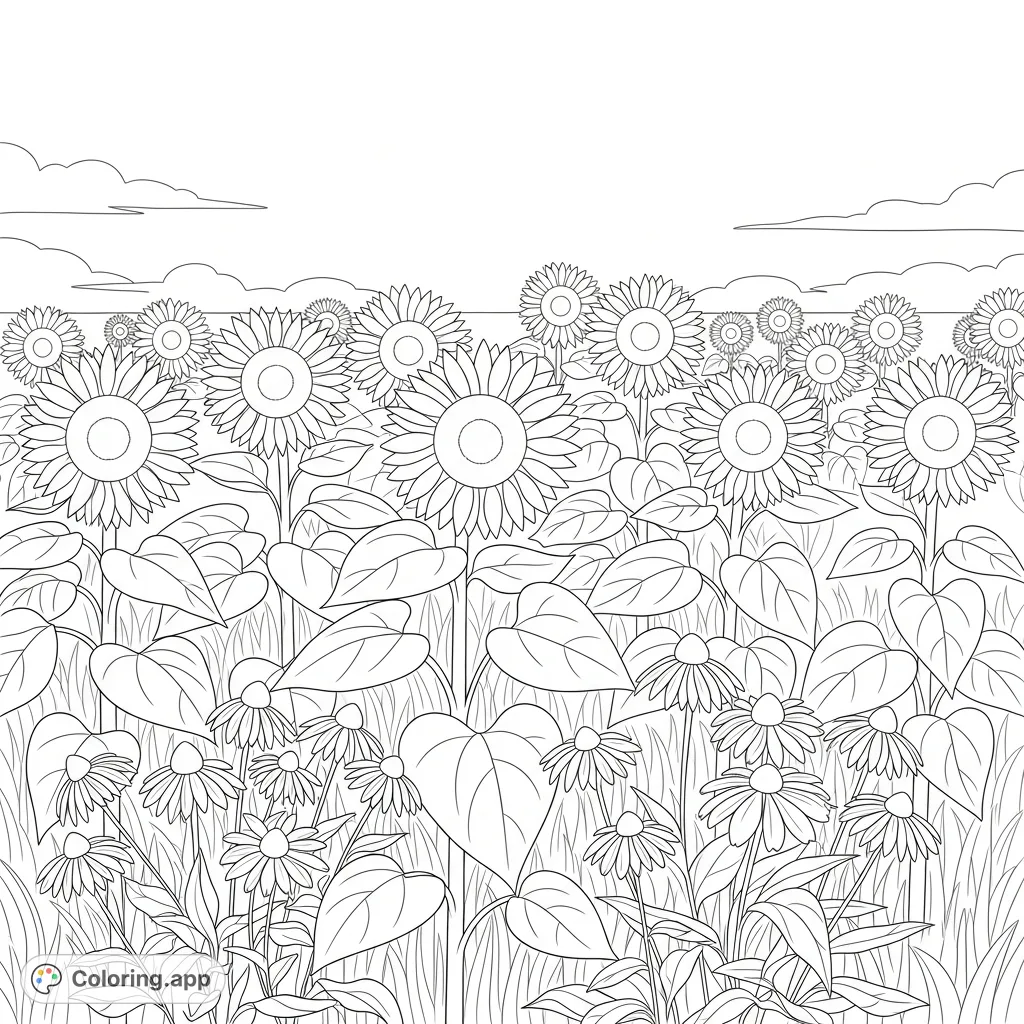 Explore a vast field of towering sunflowers and delicate coneflowers, all reaching skyward under an expansive summer sky. A serene nature scene.