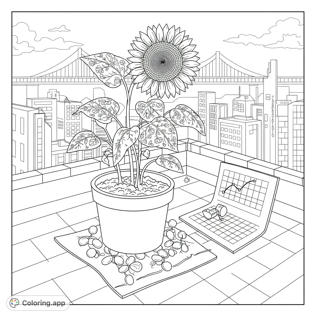 A vibrant sunflower in a pot on a city rooftop, overlooking a detailed cityscape with a bridge and a laptop. Perfect urban nature coloring page.