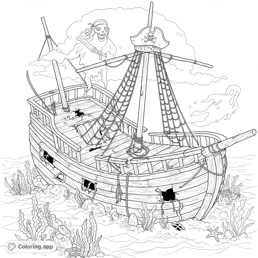 Explore a spooky sunken pirate ship guarded by a ghostly captain and surrounded by ocean treasures. A thrilling adventure awaits your colors!