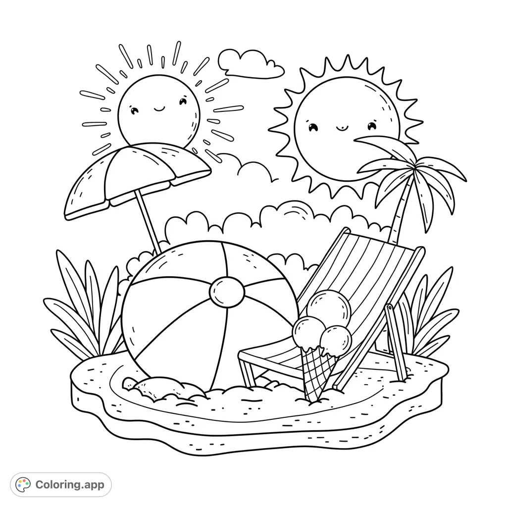 A delightful summer beach scene with a smiling sun, beach ball, umbrella, and ice cream. Perfect for a relaxing, fun coloring experience.