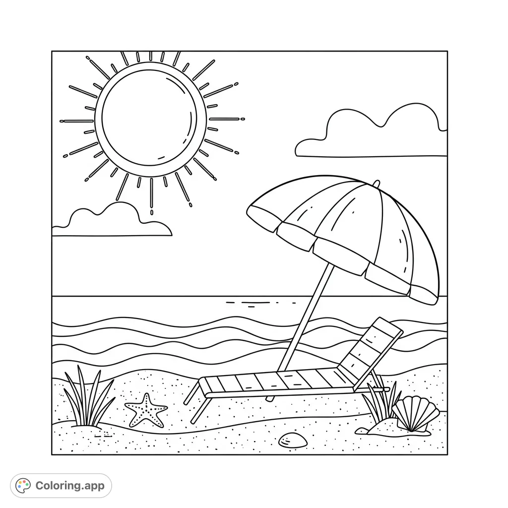 Relaxing beach scene with sun, umbrella, and lounge chair. Perfect for a summer escape. Free printable beach coloring page for all ages.