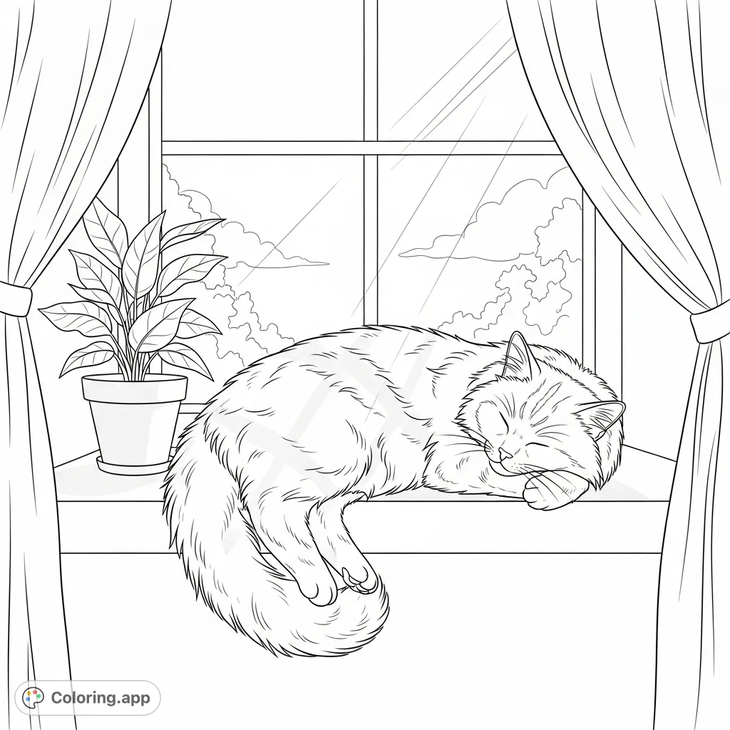 A serene cat enjoys a peaceful nap on a sun-drenched windowsill, surrounded by soft curtains and a potted plant, offering a calm and delightful coloring experience.
