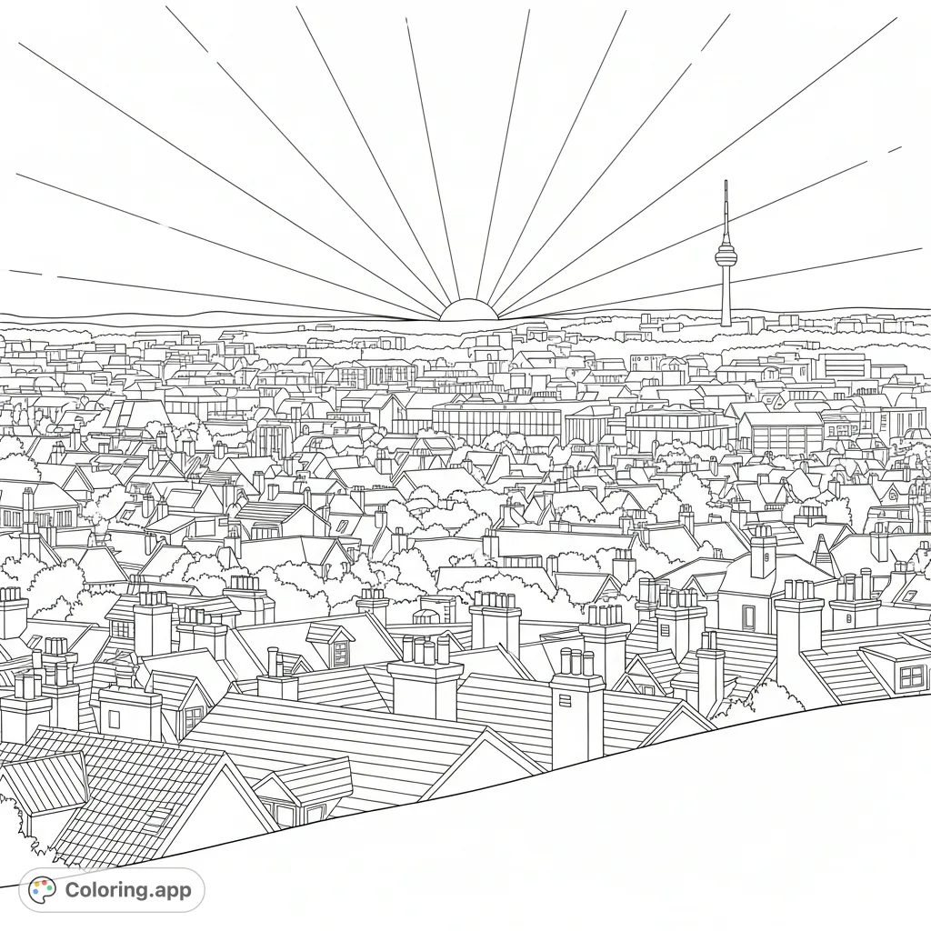 Witness a captivating sunrise over a city, featuring intricate rooftops, charming chimneys, and a majestic distant tower from a serene hilltop vantage point.