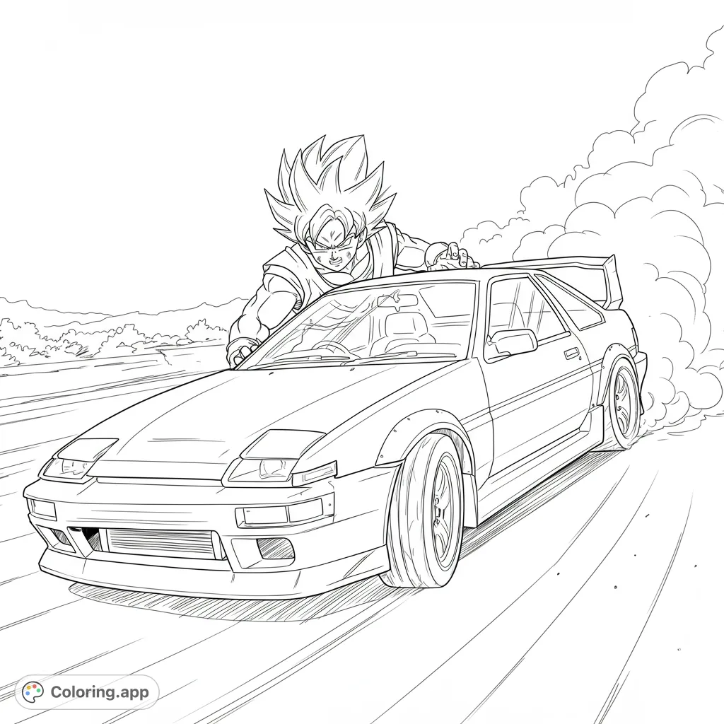 Dynamic anime character pushes a drifting classic car, kicking up smoke on a speed-streaked road. An action-packed free printable coloring page.