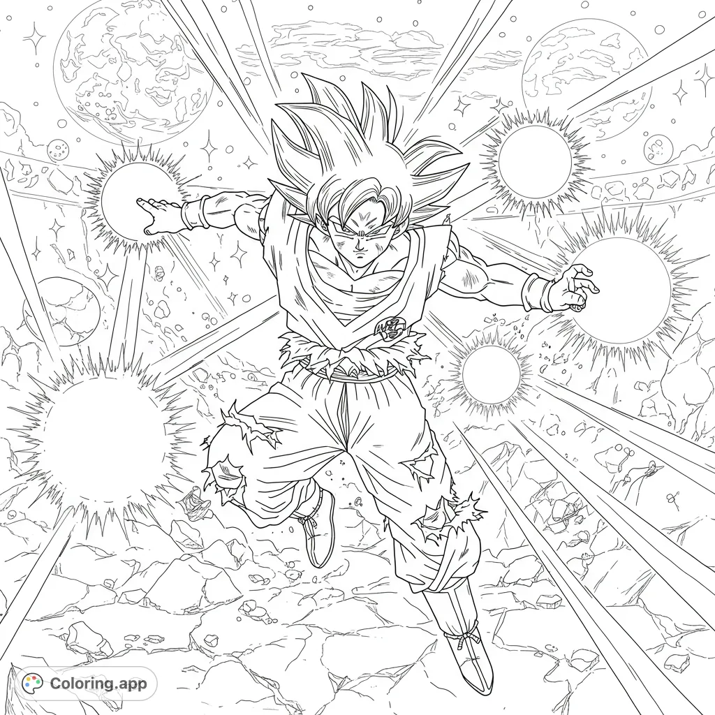 Unleash your power with this dynamic anime action coloring page! A heroic warrior battles amidst cosmic energy blasts and shattered planets.
