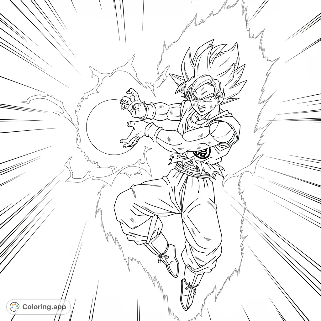 Unleash your power with this dynamic Super Saiyan warrior coloring page! Features an iconic hero charging an energy blast amidst a powerful aura and speed lines.