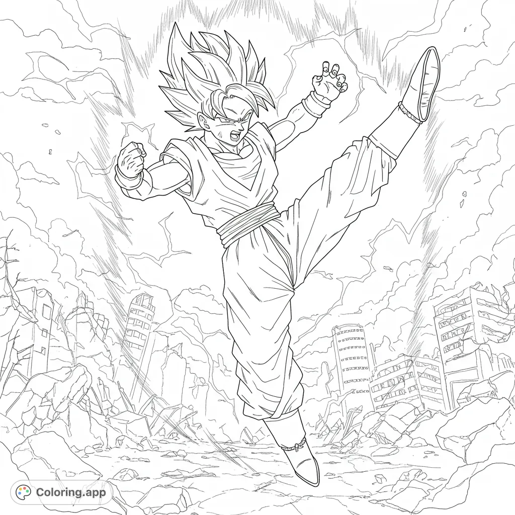 Unleash your creativity with this dynamic anime hero coloring page, featuring a powerful character mid-kick amidst a ruined city and radiating energy.