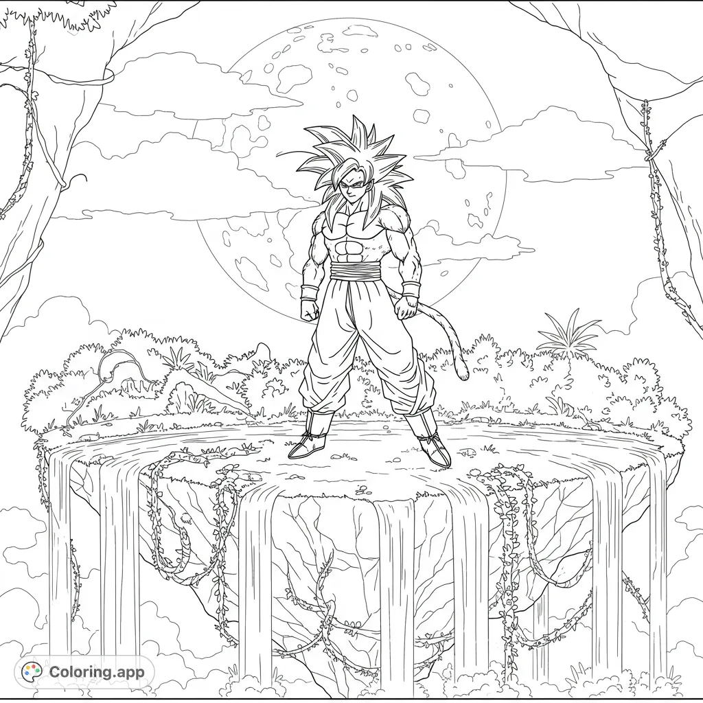 Powerful anime warrior with spiky hair and tail stands on a waterfall cliff under a full moon. An epic scene for coloring fans.