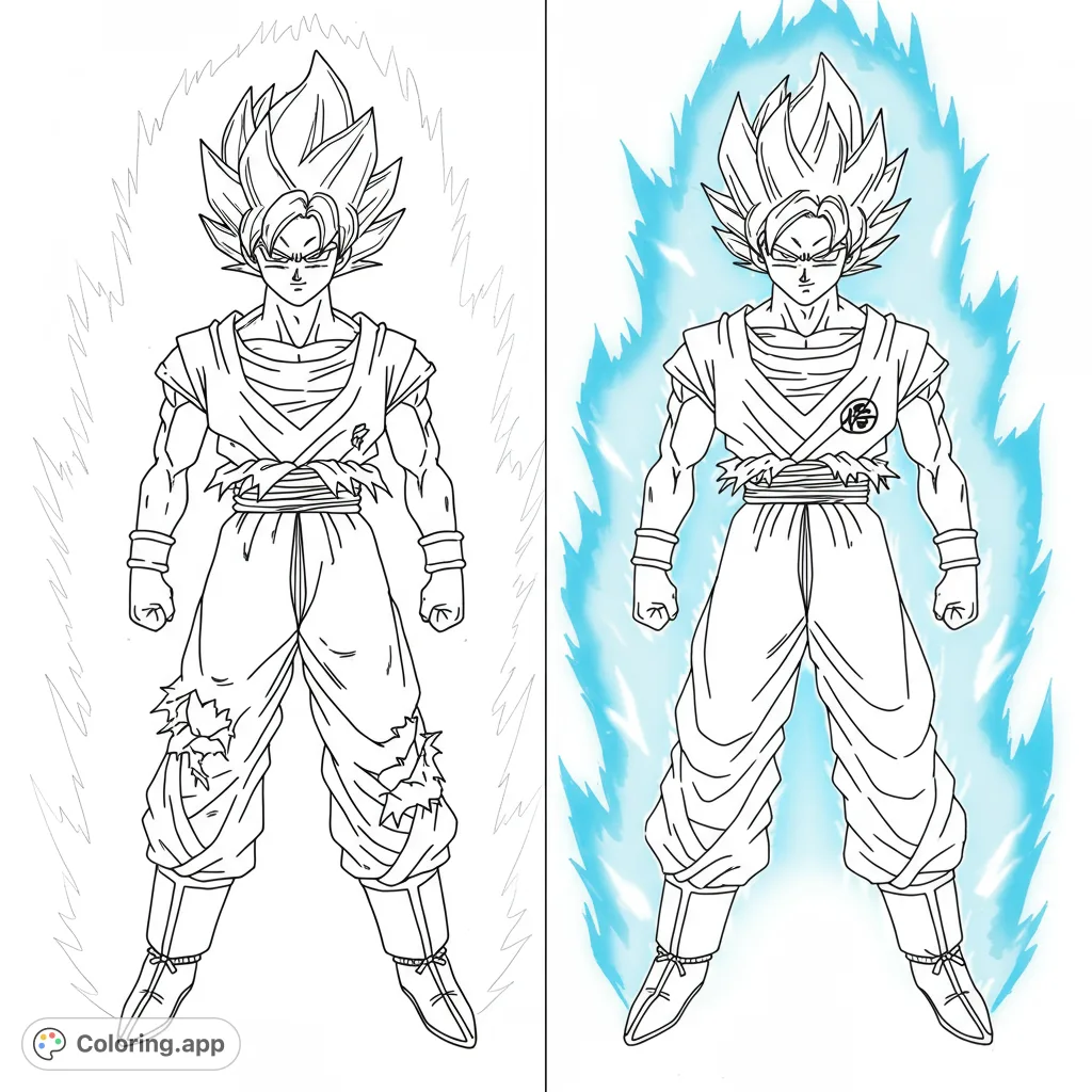 Unleash your power with this dynamic Super Saiyan Goku coloring page, featuring his iconic spiky hair and powerful aura. A free printable for all fans!