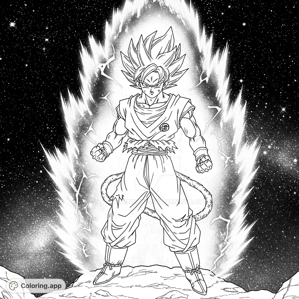 Unleash your power with this dynamic Super Saiyan Goku coloring page! Featuring a powerful warrior surrounded by an electrifying aura against a starry sky.