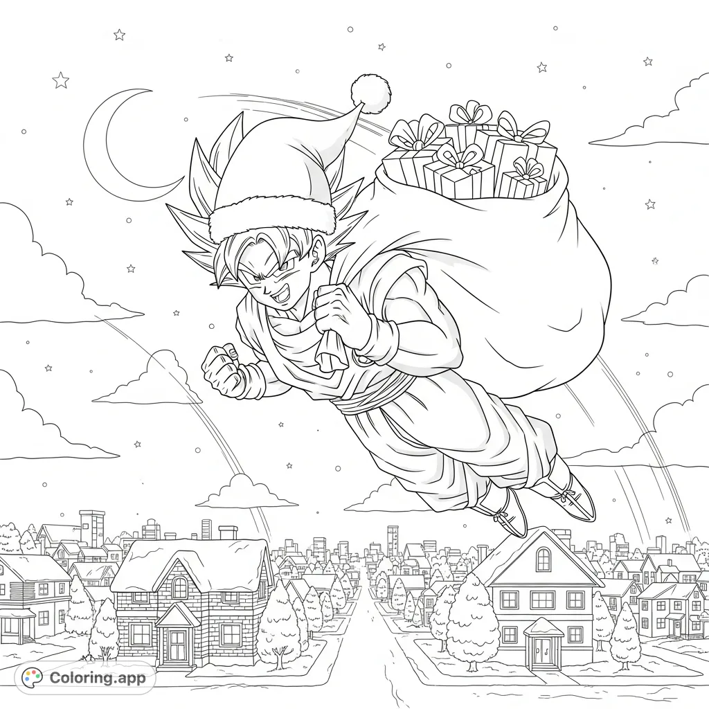 Super Saiyan Goku, in a Santa hat, delivers presents over a snowy town under a crescent moon. An action-packed holiday scene for fans.