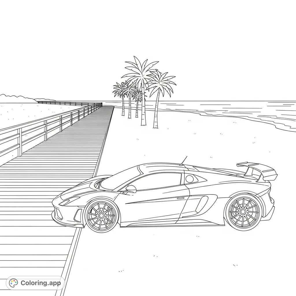 A high-performance supercar is parked near a detailed wooden beach boardwalk, with a sandy beach and ocean stretching beyond. A perfect blend of automotive beauty and coastal scenery.