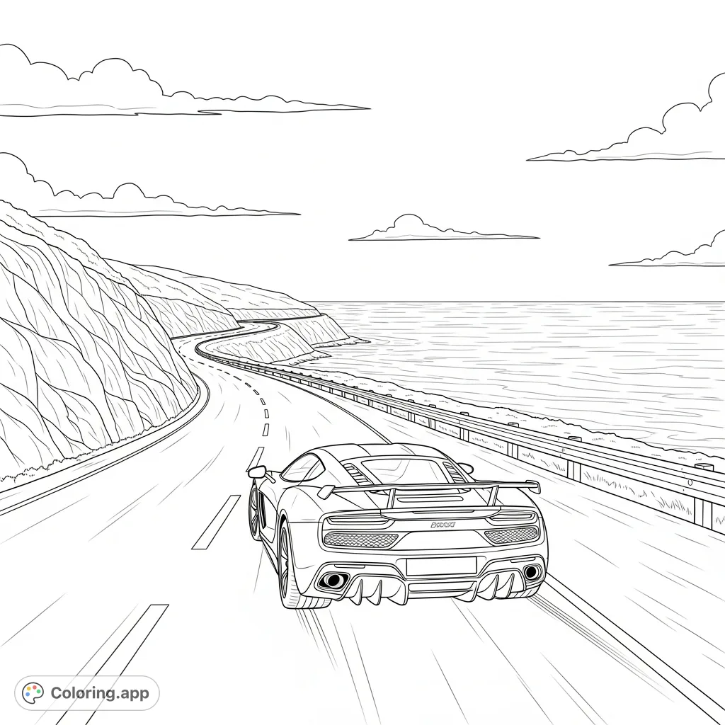 Experience the thrill of speed with a detailed supercar racing along a scenic coastal highway, featuring ocean views, rugged cliffs, and an open sky.