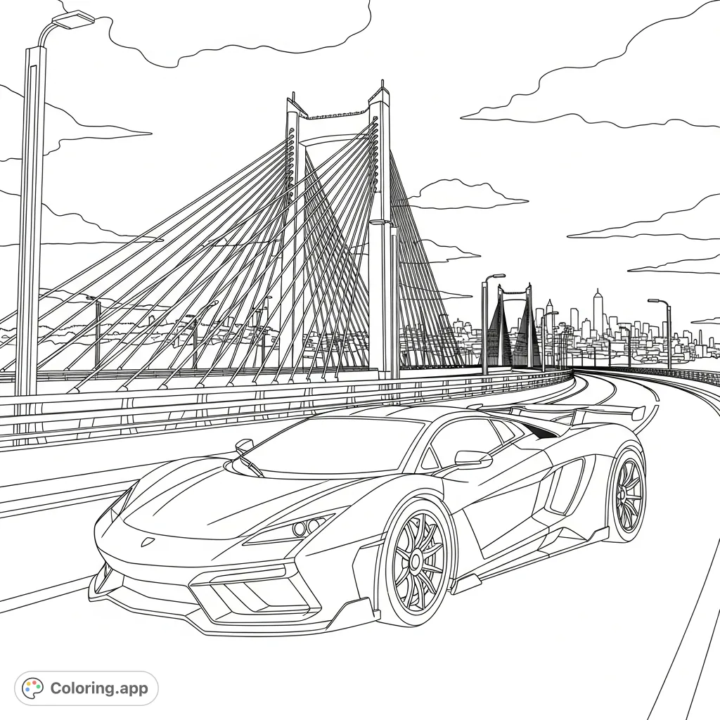 A powerful supercar speeds across an expansive suspension bridge. Intricate cables and distant cityscapes offer a thrilling, detailed coloring experience.