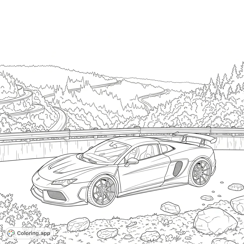 Experience the thrill of luxury with this supercar coloring page. A sleek, high-performance vehicle rests at a stunning forest overlook, inviting creative expression.