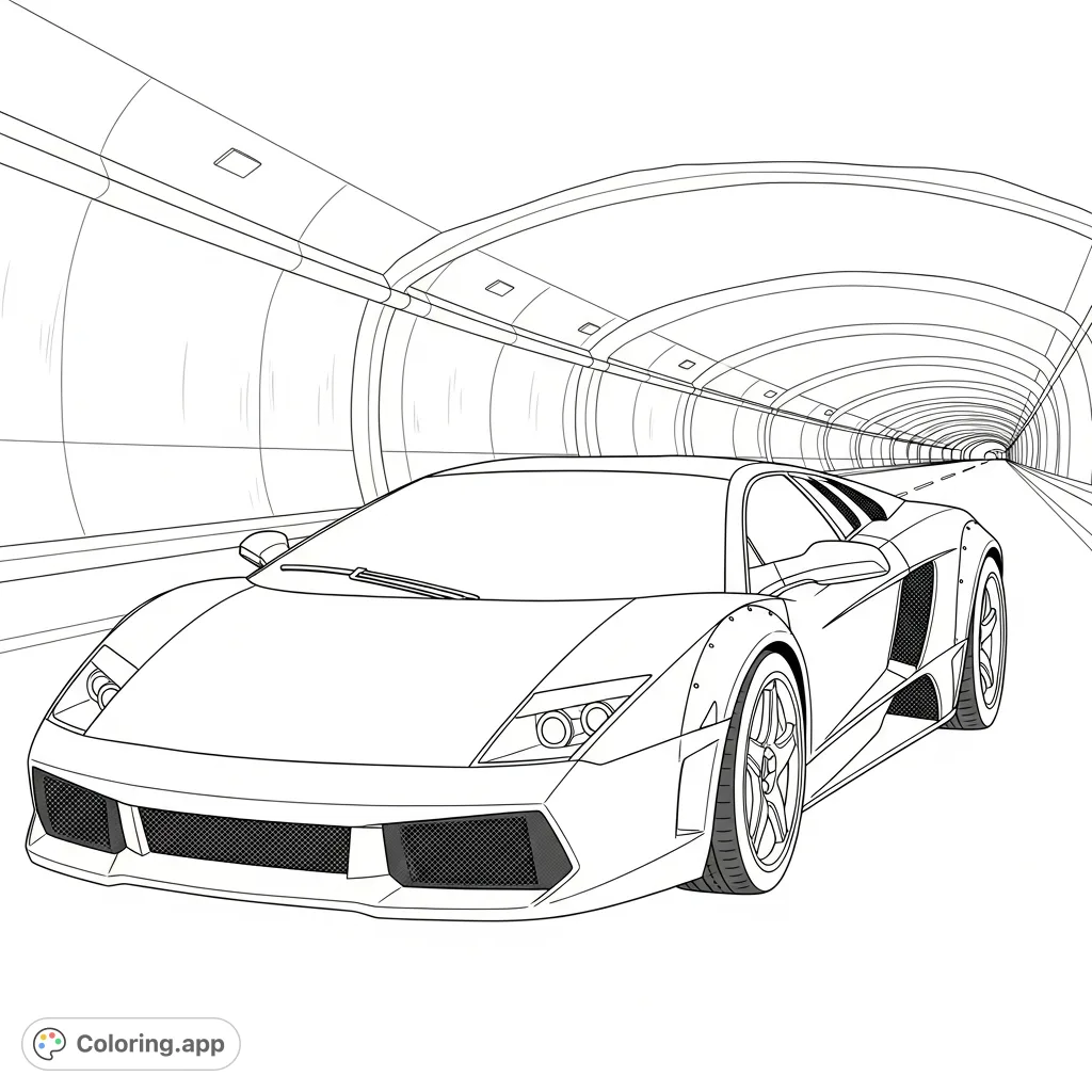 Color a sleek, Murciélago-style supercar parked inside a long, textured tunnel, featuring simplified geometric lights. A dynamic scene for car enthusiasts.