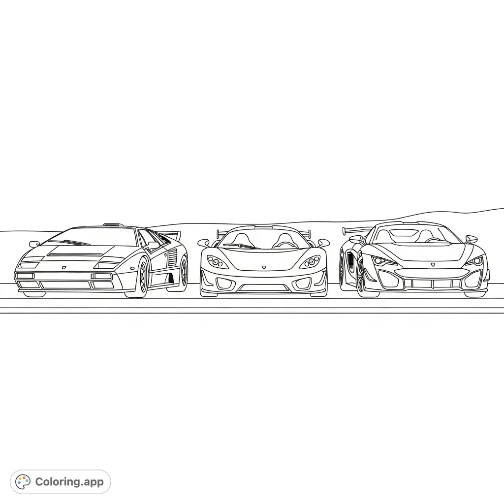A detailed coloring page featuring a lineup of three high-performance supercars, each representing a distinct design era, set against a minimal background.