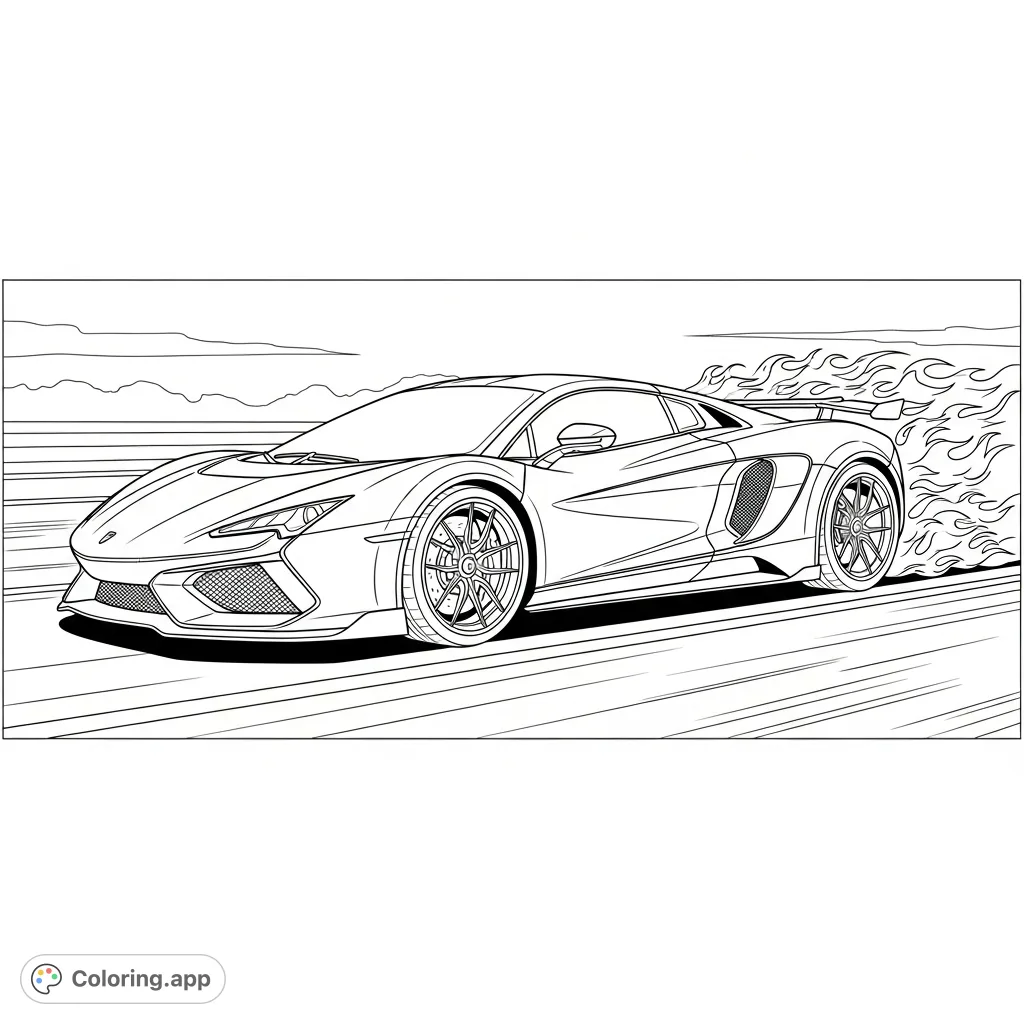 Experience the thrill of speed! A sleek supercar accelerates with dramatic flames erupting from its exhaust, captured in a dynamic, high-energy scene.