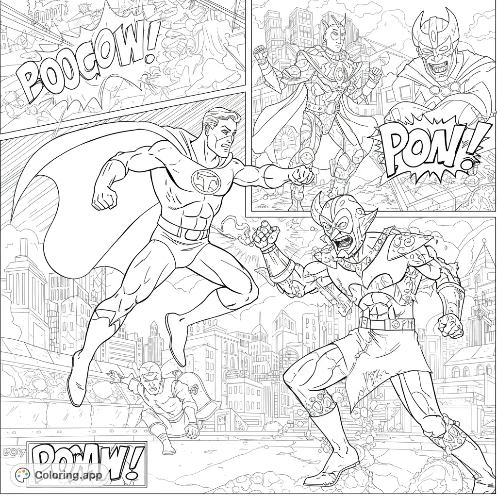 Dynamic superhero battle coloring page featuring a powerful hero mid-punch against a villain in a detailed city, perfect for action fans.