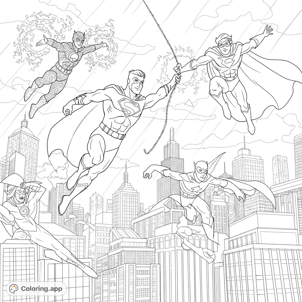 Dynamic superhero team soars above a detailed cityscape, ready for action. A free printable superhero coloring page for all ages.