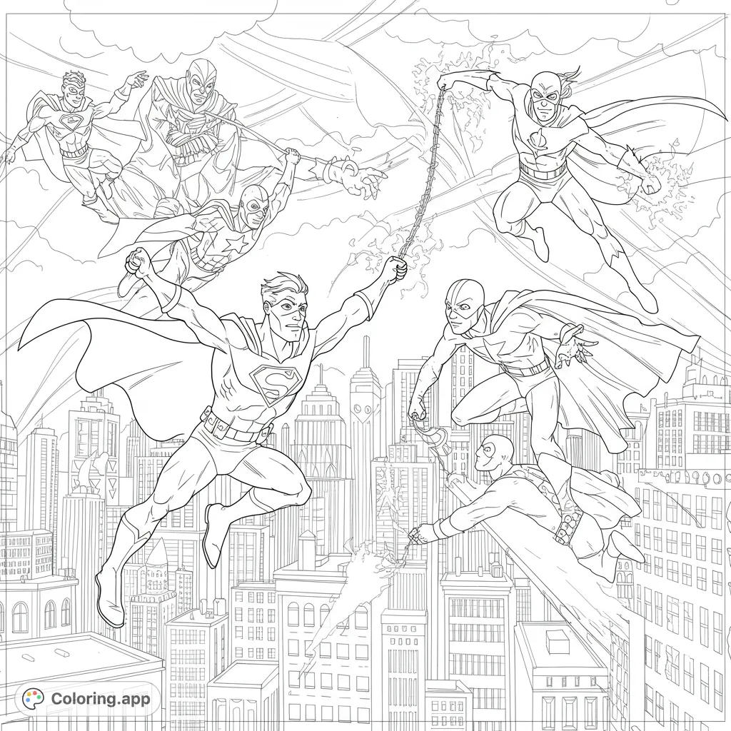 Dynamic superhero battle high above a detailed cityscape. Action-packed scene with flying heroes and energy effects, perfect for an epic coloring adventure.