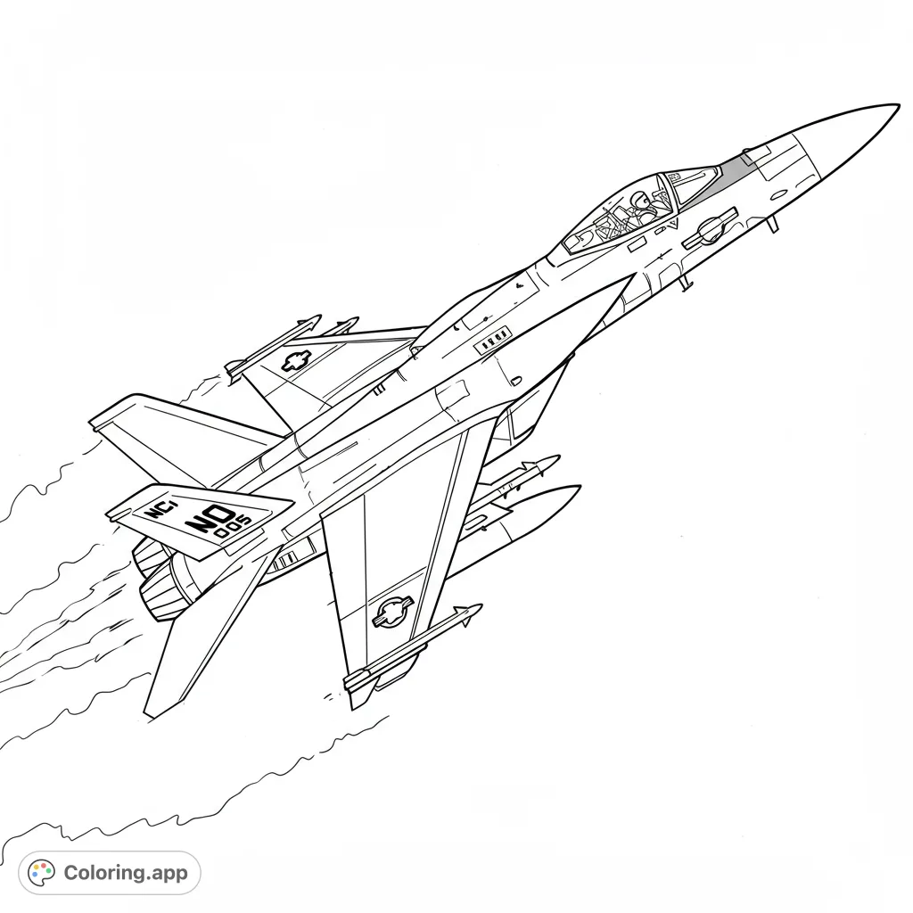 Experience the thrill of flight with this dynamic fighter jet coloring page. A free printable military aircraft design for aviation enthusiasts.