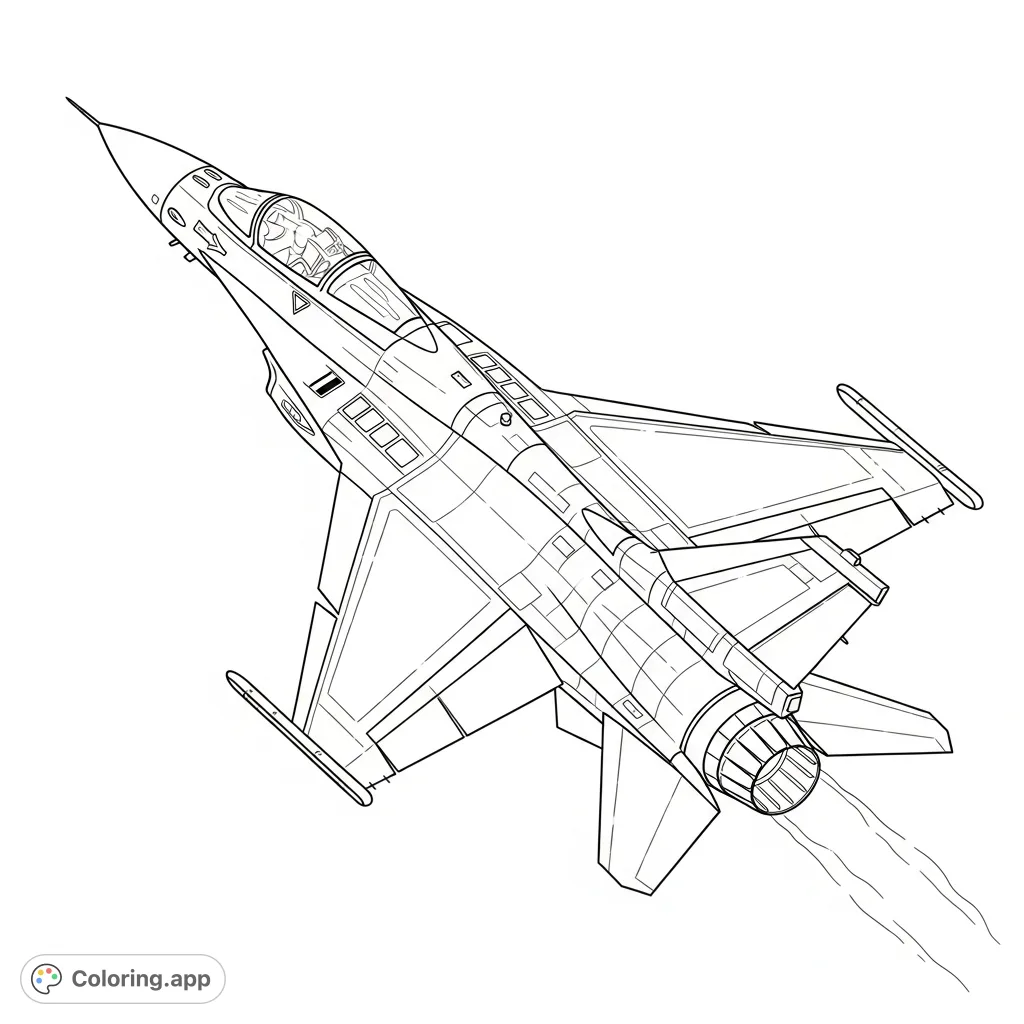 Capture the thrill of aviation with this detailed fighter jet coloring page. A powerful aircraft angles sharply against a vast sky, showcasing its aerodynamic design.