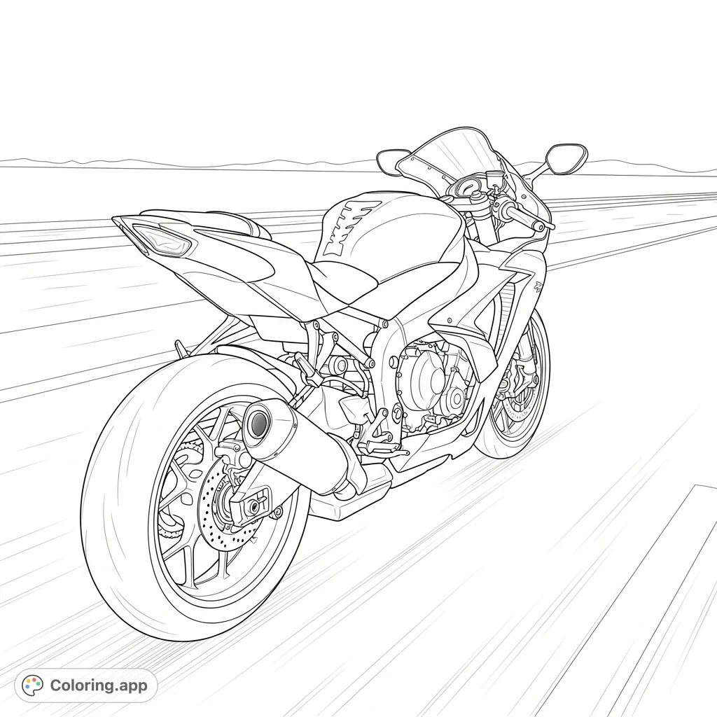A detailed coloring page featuring a high-performance supersport motorcycle accelerating on a straight road, highlighting its aerodynamic fairing and intricate components.