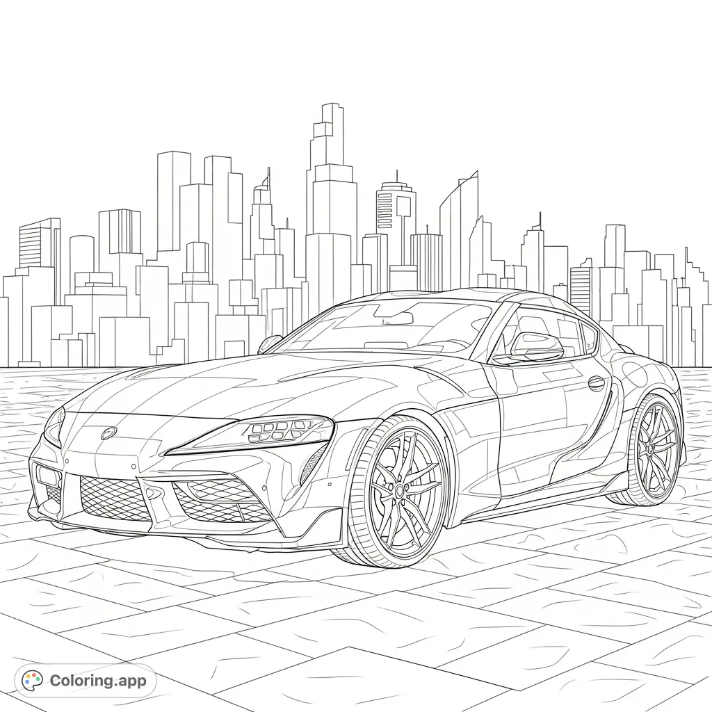 Color a sleek modern MK5-style Supra parked before a dynamic city skyline, featuring bold lines and simplified reflections. Perfect for car enthusiasts.