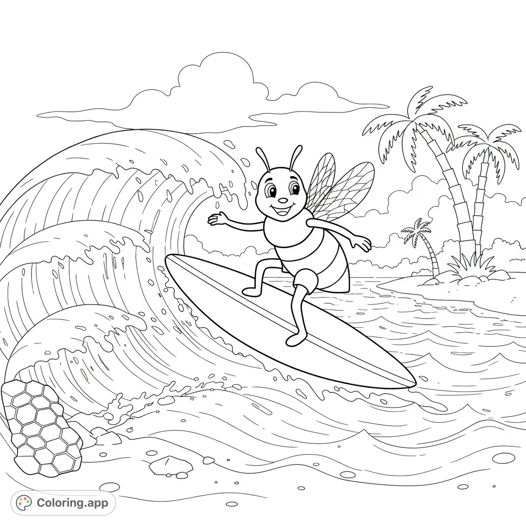 A cheerful cartoon bee surfs a big ocean wave near a tropical island with palm trees and a honeycomb. Fun, free printable bee coloring page.