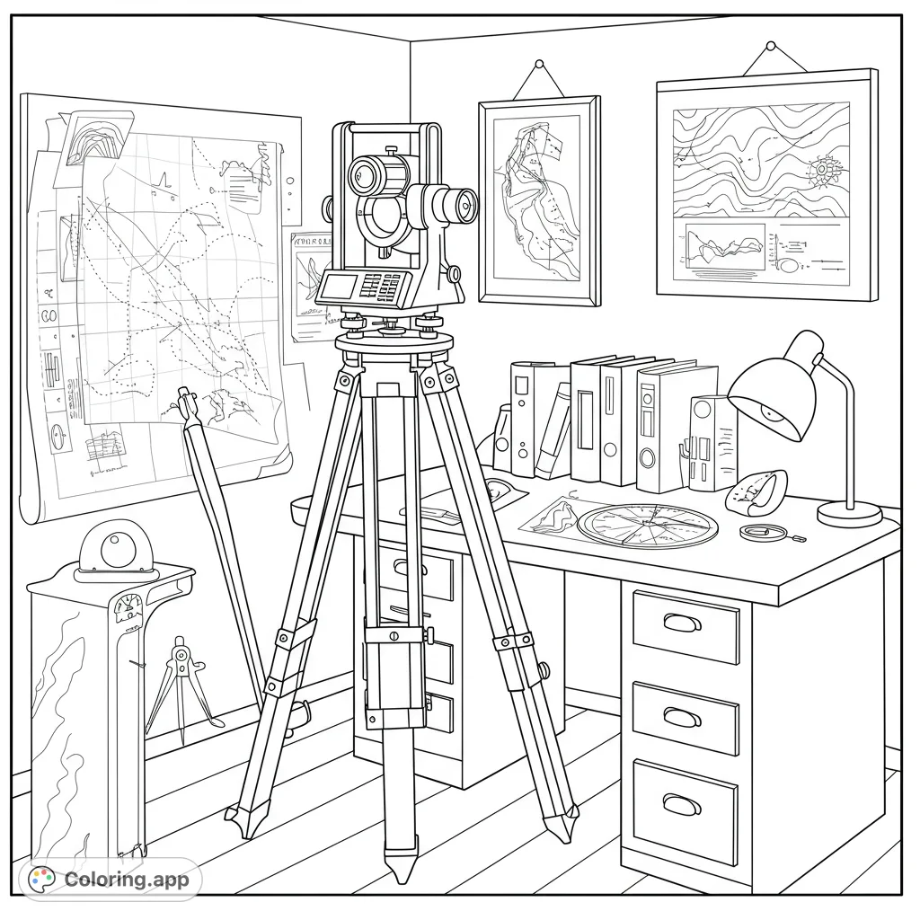 Explore a detailed surveyor's office coloring page, featuring a total station, maps, and desk tools. A free printable coloring page for all ages.