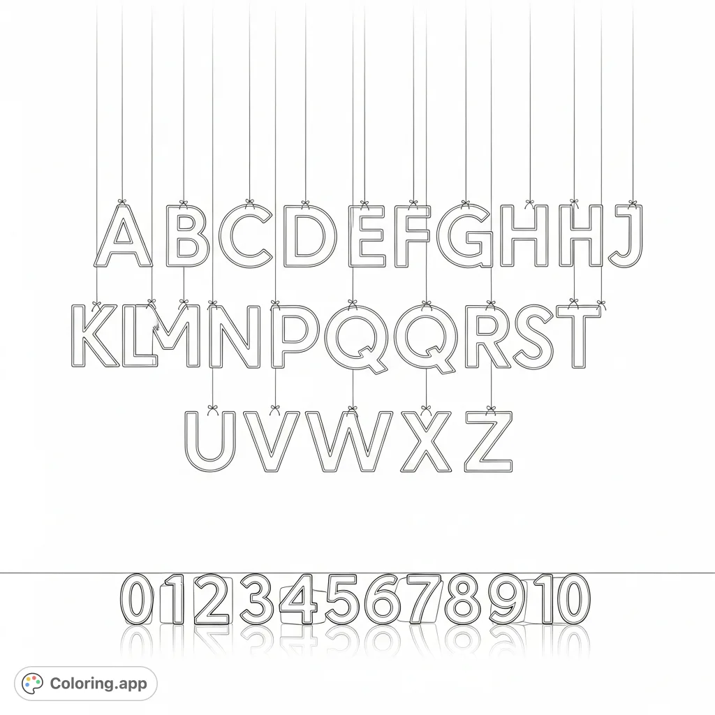 A minimalist design featuring the full uppercase alphabet suspended by strings above elegant blocks displaying numbers 0-10. A unique educational and creative coloring page.