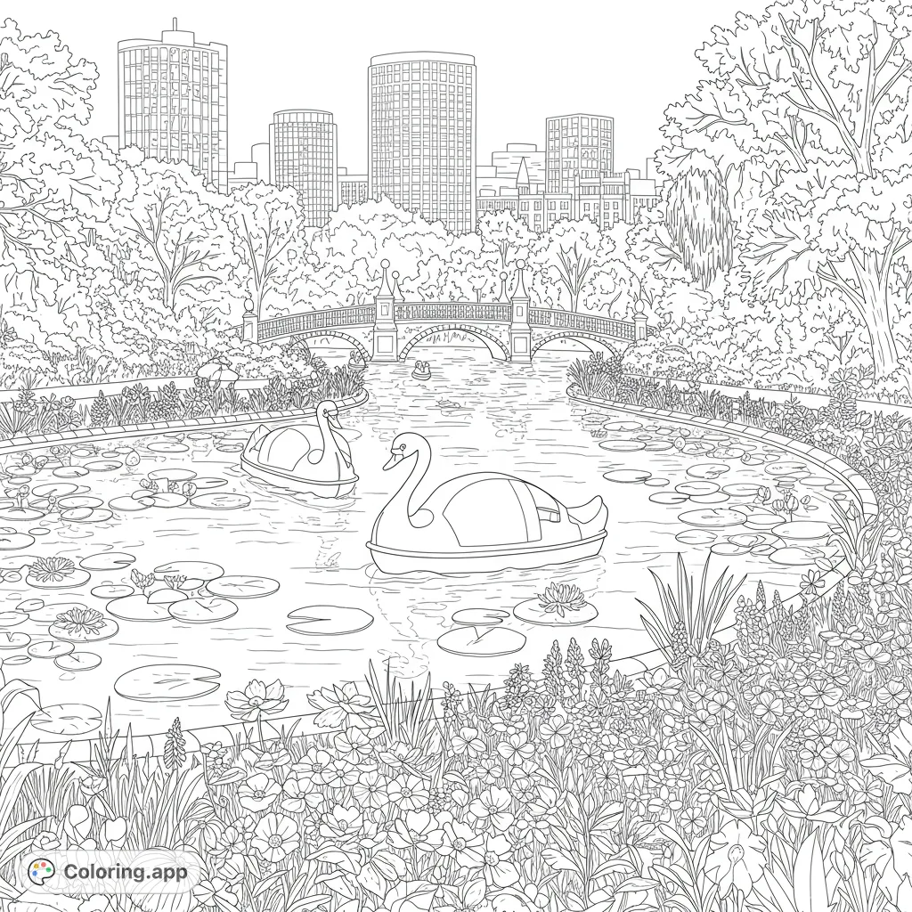 Explore a beautiful city park with charming swan boats, a picturesque bridge, and a vibrant cityscape. A detailed free printable park coloring page.