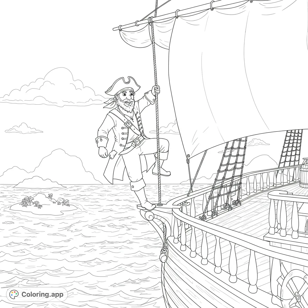 A cheerful pirate stands on a grand ship's bow, sailing the high seas past a tropical island. A thrilling pirate adventure coloring page.