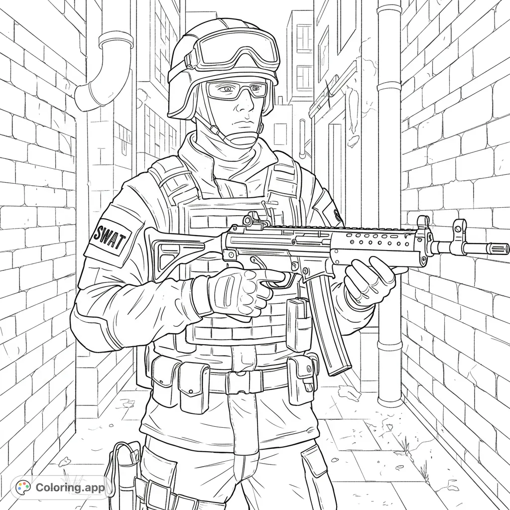 Detailed SWAT officer in an urban alley, holding a submachine gun. A thrilling free printable SWAT coloring page for kids and adults.