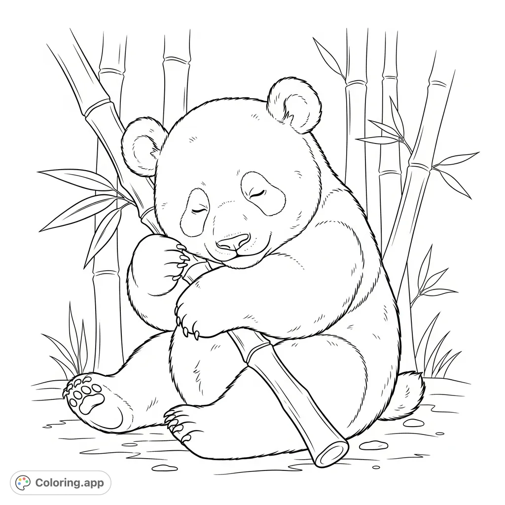 An adorable baby panda tenderly hugging a large bamboo shoot in a serene bamboo forest. A heartwarming scene perfect for relaxation and creative expression.