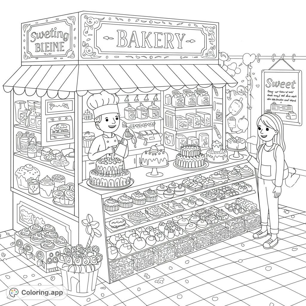 Explore a delightful bakery scene with a friendly baker and a customer, featuring an abundance of detailed cakes, pastries, and sweet treats.