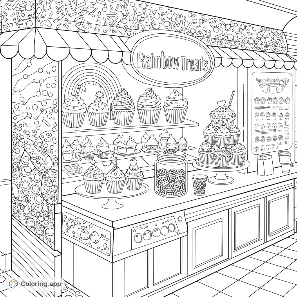 A delightful cupcake shop scene with shelves of sweet treats, sprinkles, and a charming display. Perfect for a fun coloring adventure!