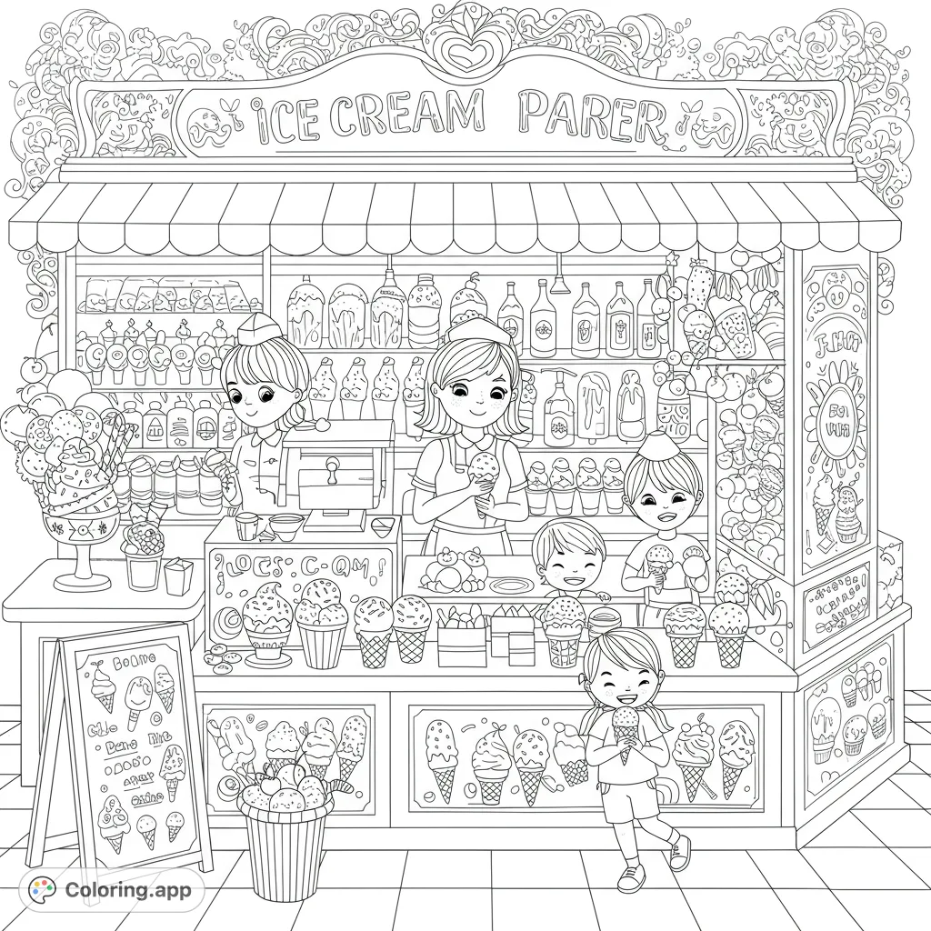 A delightful ice cream parlor coloring page featuring staff and happy children enjoying treats. Perfect for a sweet, detailed coloring experience.