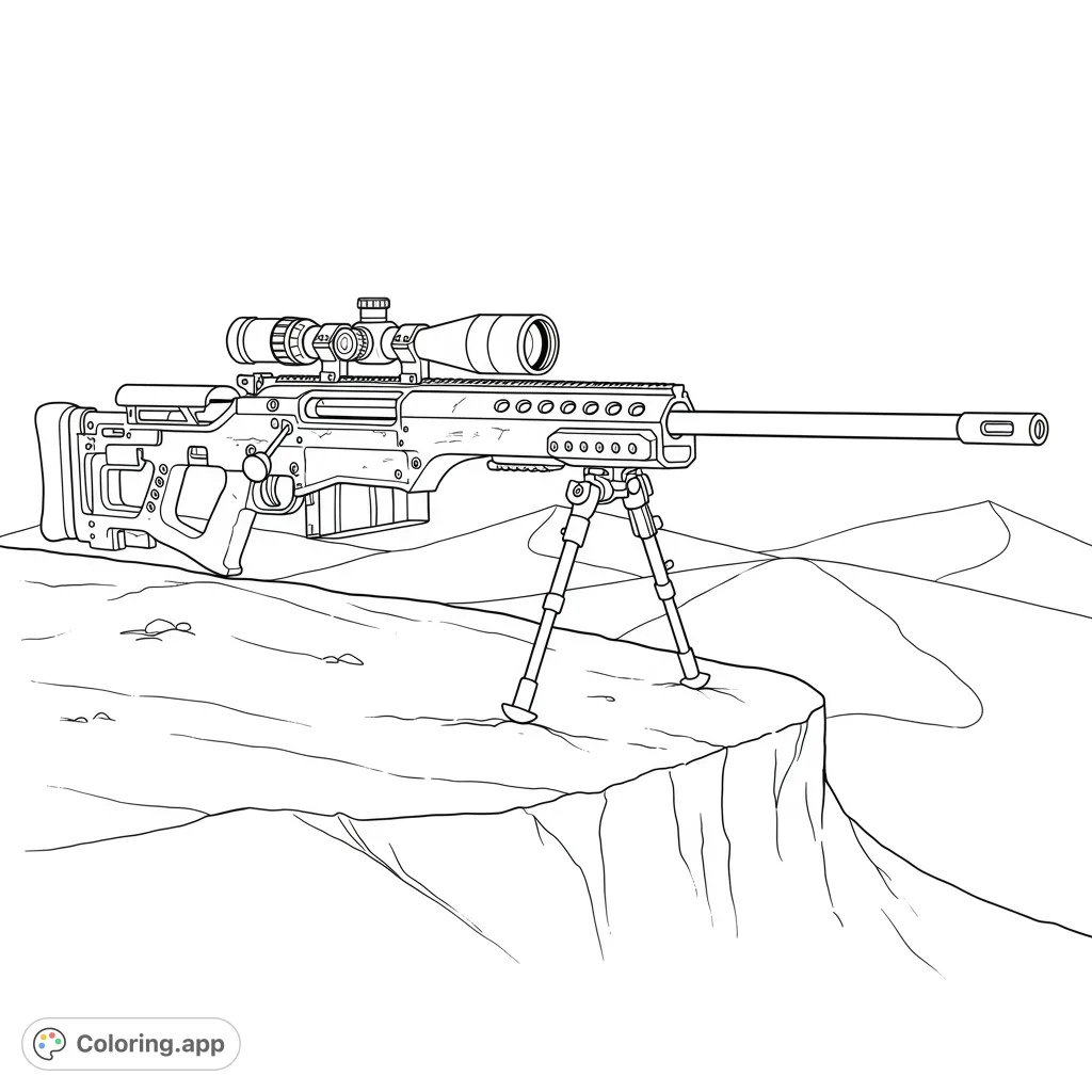 Detailed sniper rifle with scope and bipod on a rocky cliff. A challenging military-themed free printable coloring page for enthusiasts.