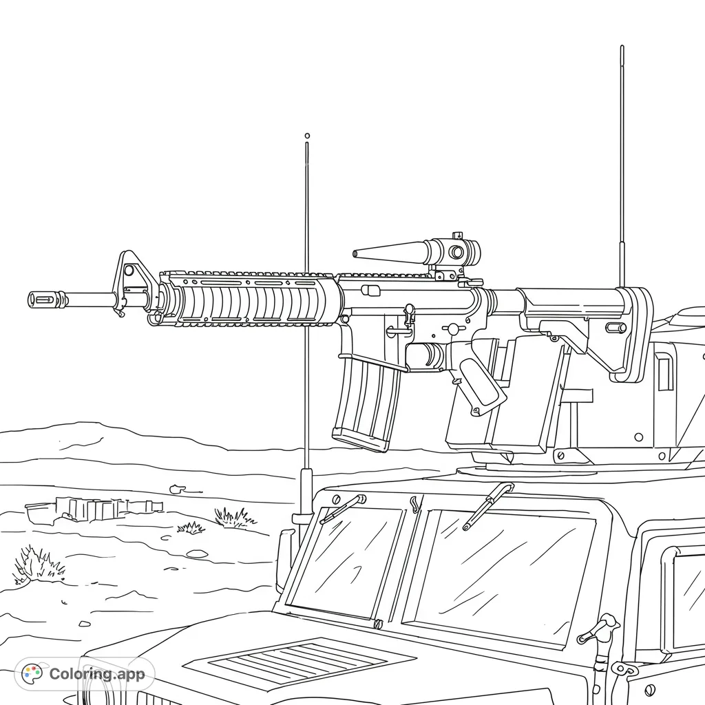 Detailed tactical vehicle with a mounted rifle in a desert landscape. A free printable military vehicle coloring page for enthusiasts.