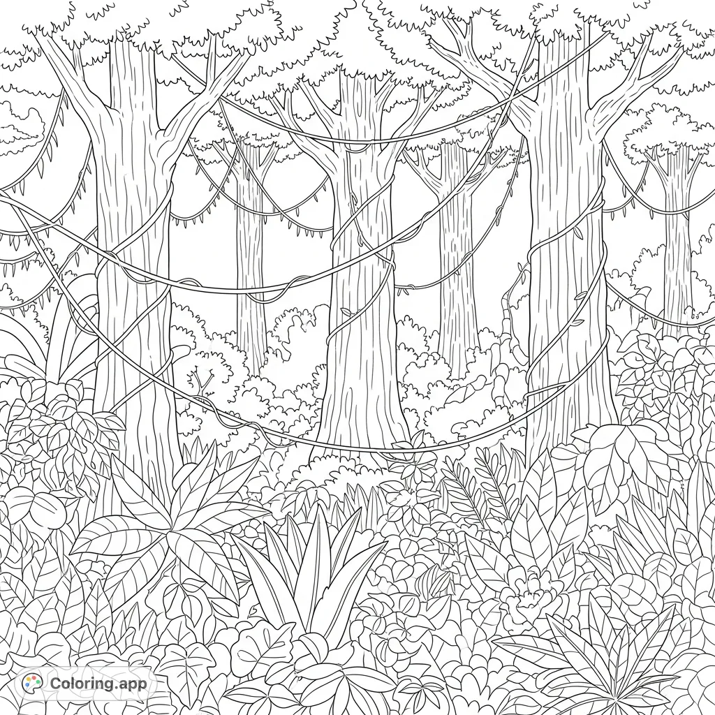 An intricate jungle scene featuring a dense network of vines, towering trees, and lush undergrowth, offering a challenging and rewarding coloring experience.