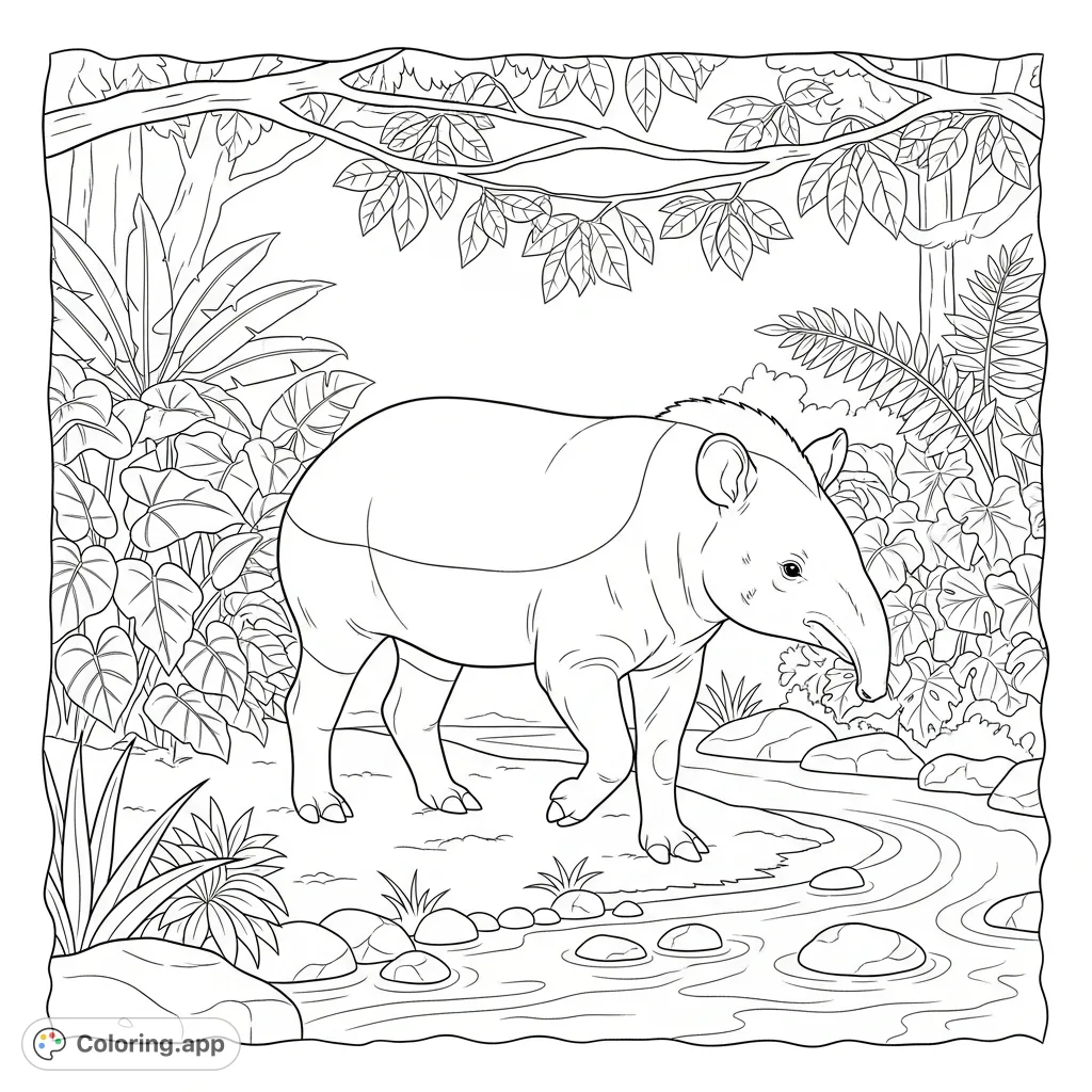 A majestic tapir walks along a winding forest stream, surrounded by lush tropical foliage and smooth rocks, perfect for a relaxing nature-themed coloring session.