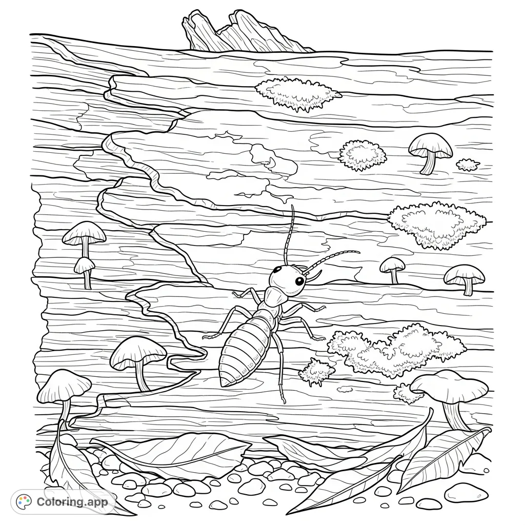 Explore the hidden world of insects with this detailed coloring page featuring a termite navigating a decaying log amidst moss and fungi.
