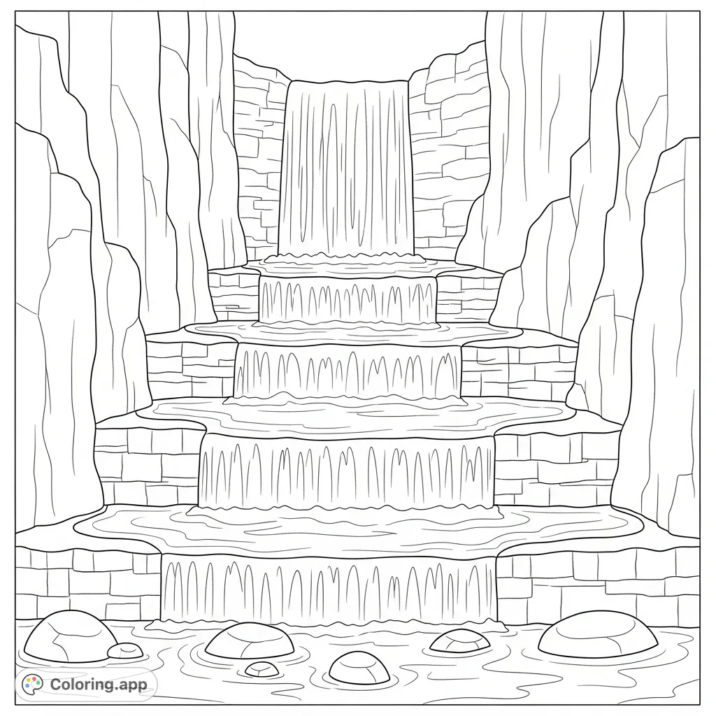 Explore a beautiful terraced canyon waterfall. Simplified stacked rock patterns and cascading water offer a serene and engaging coloring experience for all.