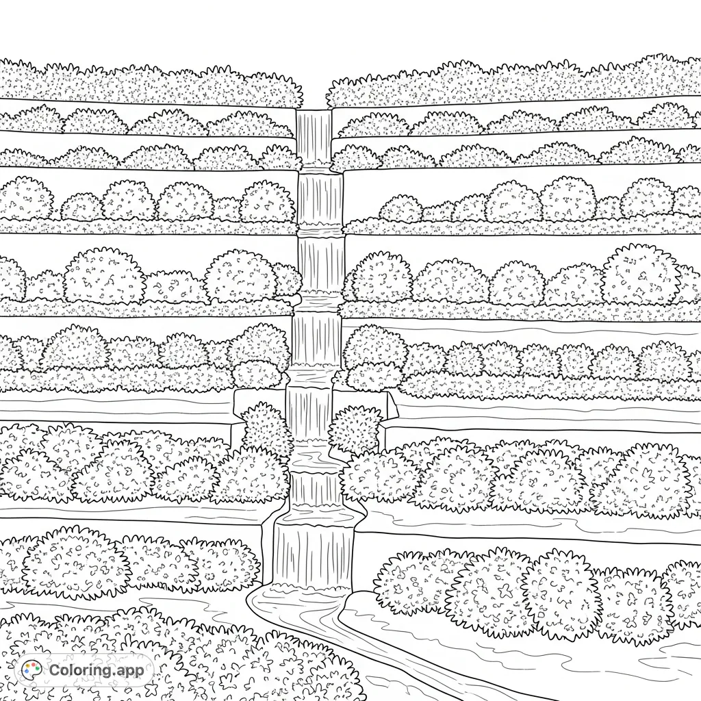 Explore a serene terraced landscape with multiple levels, featuring trimmed shrubs and gentle waterfalls. A harmonious scene for tranquil coloring.