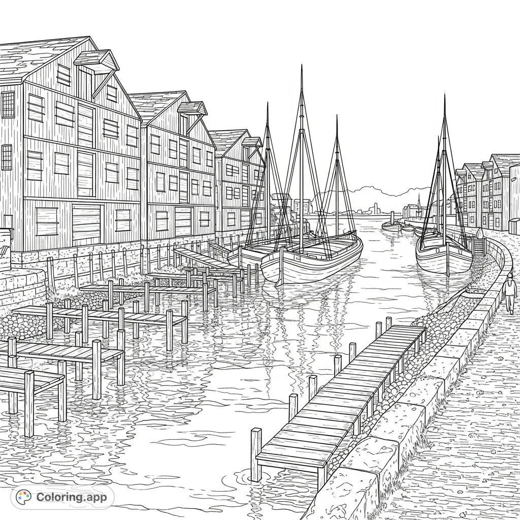 Explore a historical River Thames coloring page at dusk, featuring decaying warehouses, moored cargo barges, and a lone figure on a muddy towpath.