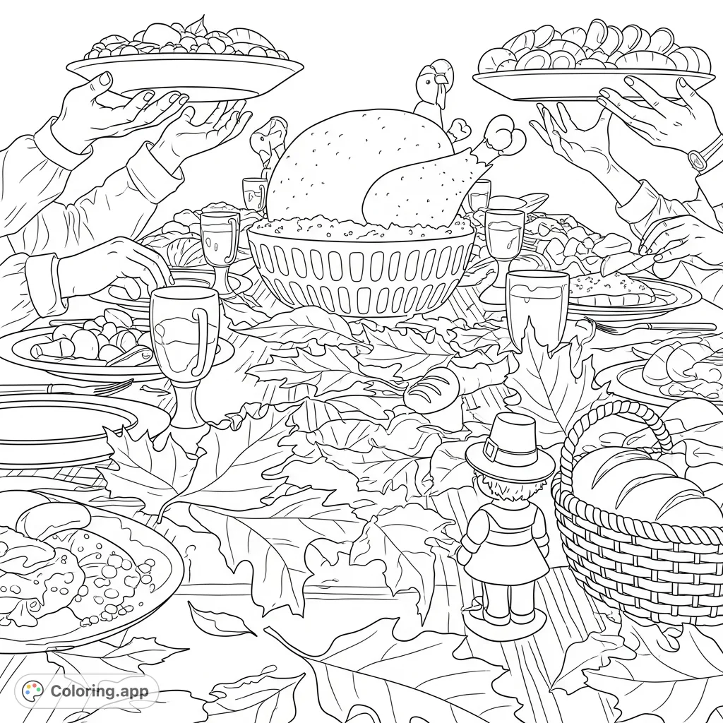 Experience a towering Thanksgiving table from a child's perspective, with hands reaching for food, a turkey, and scattered autumn leaves.
