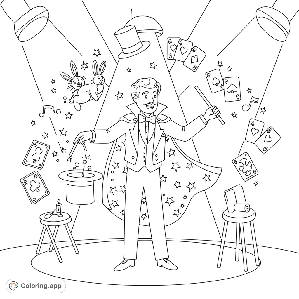 A captivating magician performs on stage, conjuring rabbits, floating cards, and stars. A fun, free printable magic show coloring page for all ages!