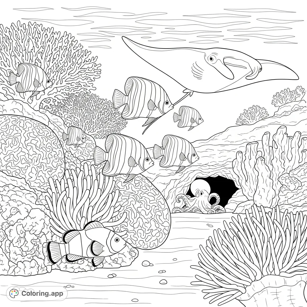 Explore a majestic coral reef coloring page teeming with angelfish, octopus, clownfish, and a manta ray. A captivating underwater adventure awaits!